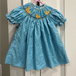 Remember Nguyen Blue gingham rubber ducky smocked dress with bloomers 3 months